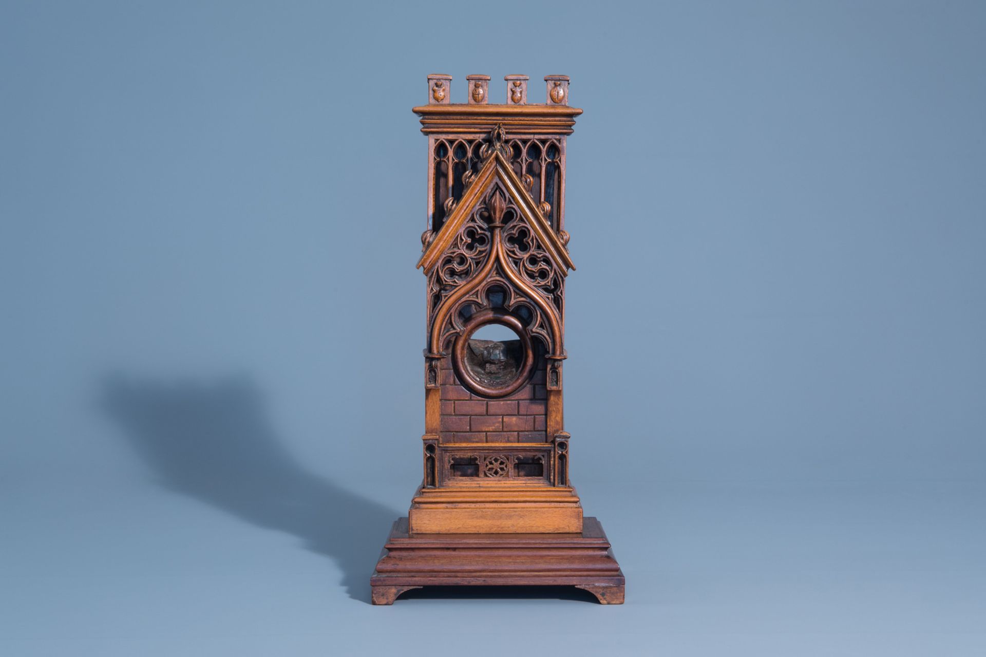 A wooden Gothic revival chapel shaped watch holder and a Ressurection of Christ, Holland, 19th/20th - Image 2 of 13