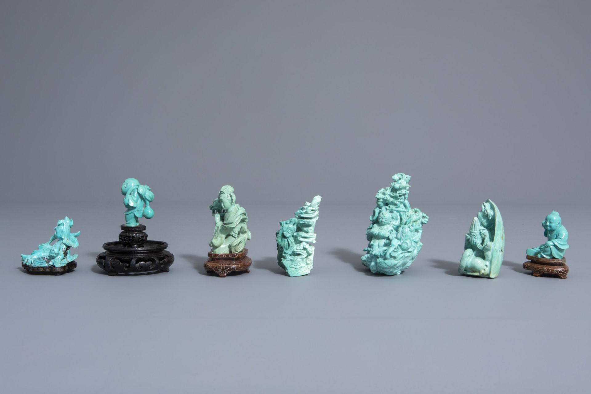 Seven Chinese carved turquoise figures, 20th C. - Image 5 of 7