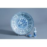 A Chinese blue and white plate, a vase and a seal paste box with floral design, Hatcher cargo shipwr
