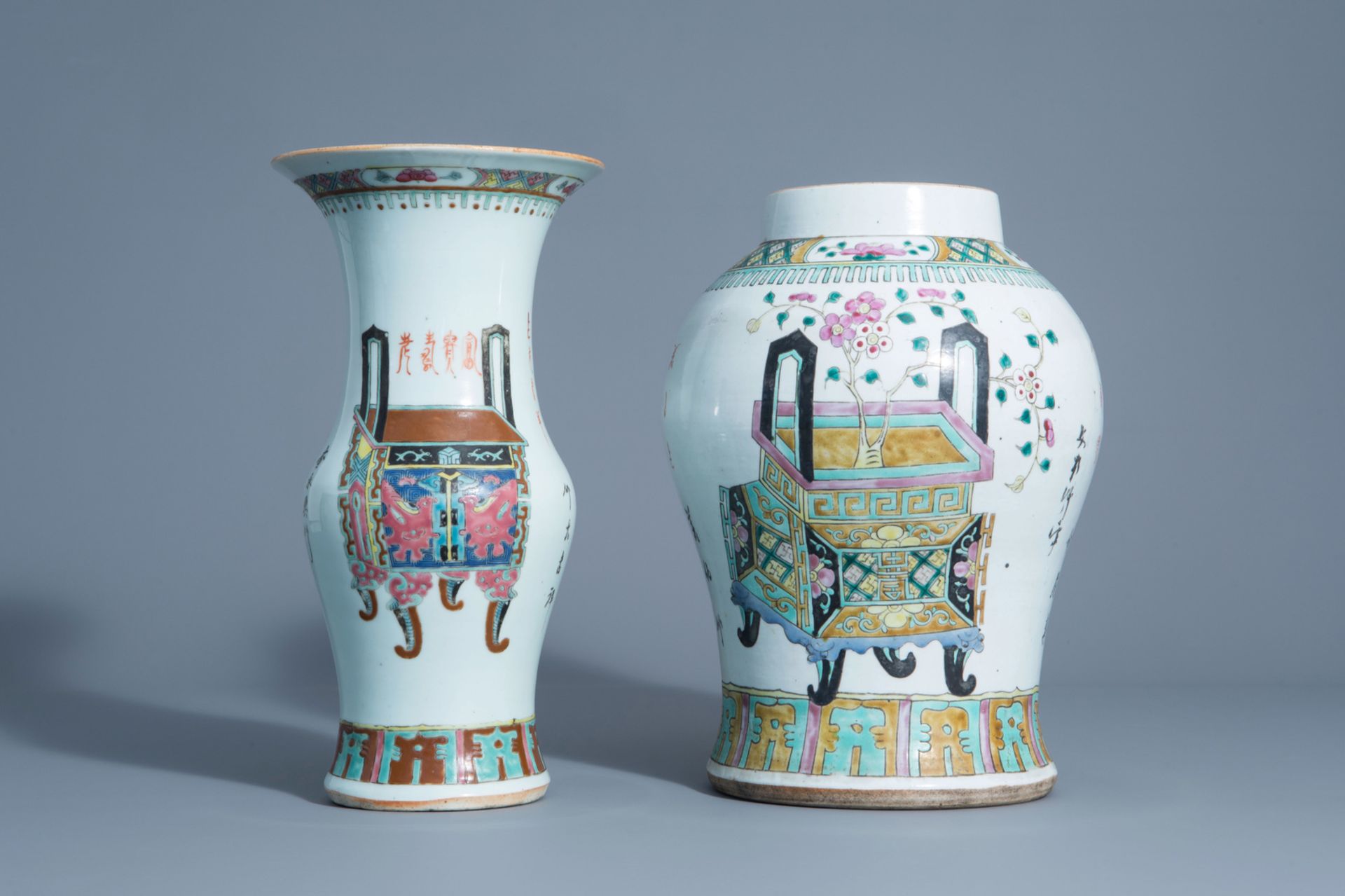 Two Chinese famille rose vases with antiquities design, 19th C. - Image 3 of 6