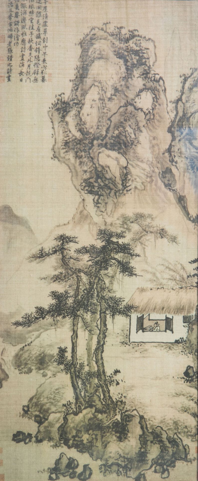 Chinese school, ink and colour on silk, 19th C.: Rocky landscape with cabin