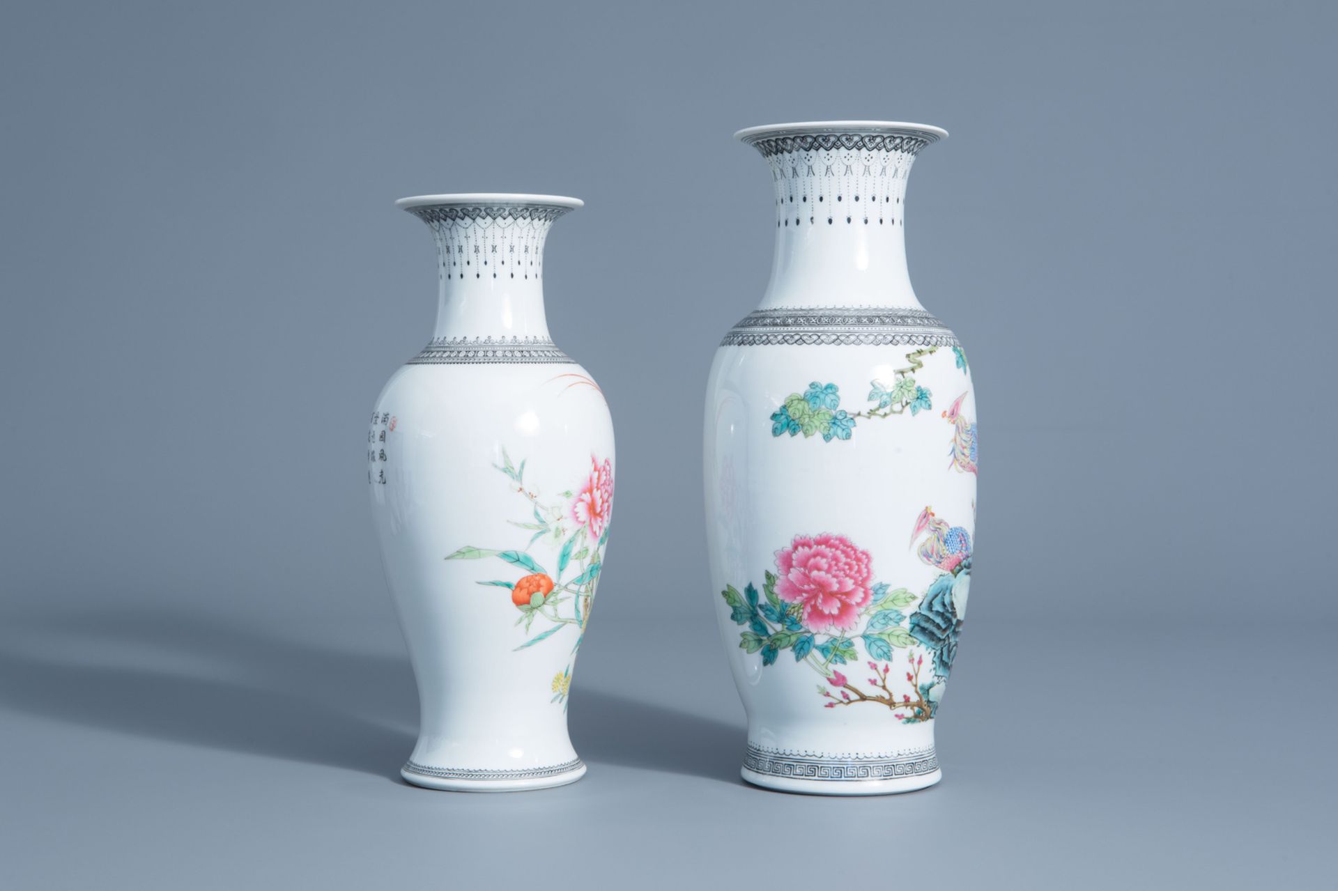 Two Chinese famille rose vases with birds among blossoming branches, 20th C. - Image 2 of 6