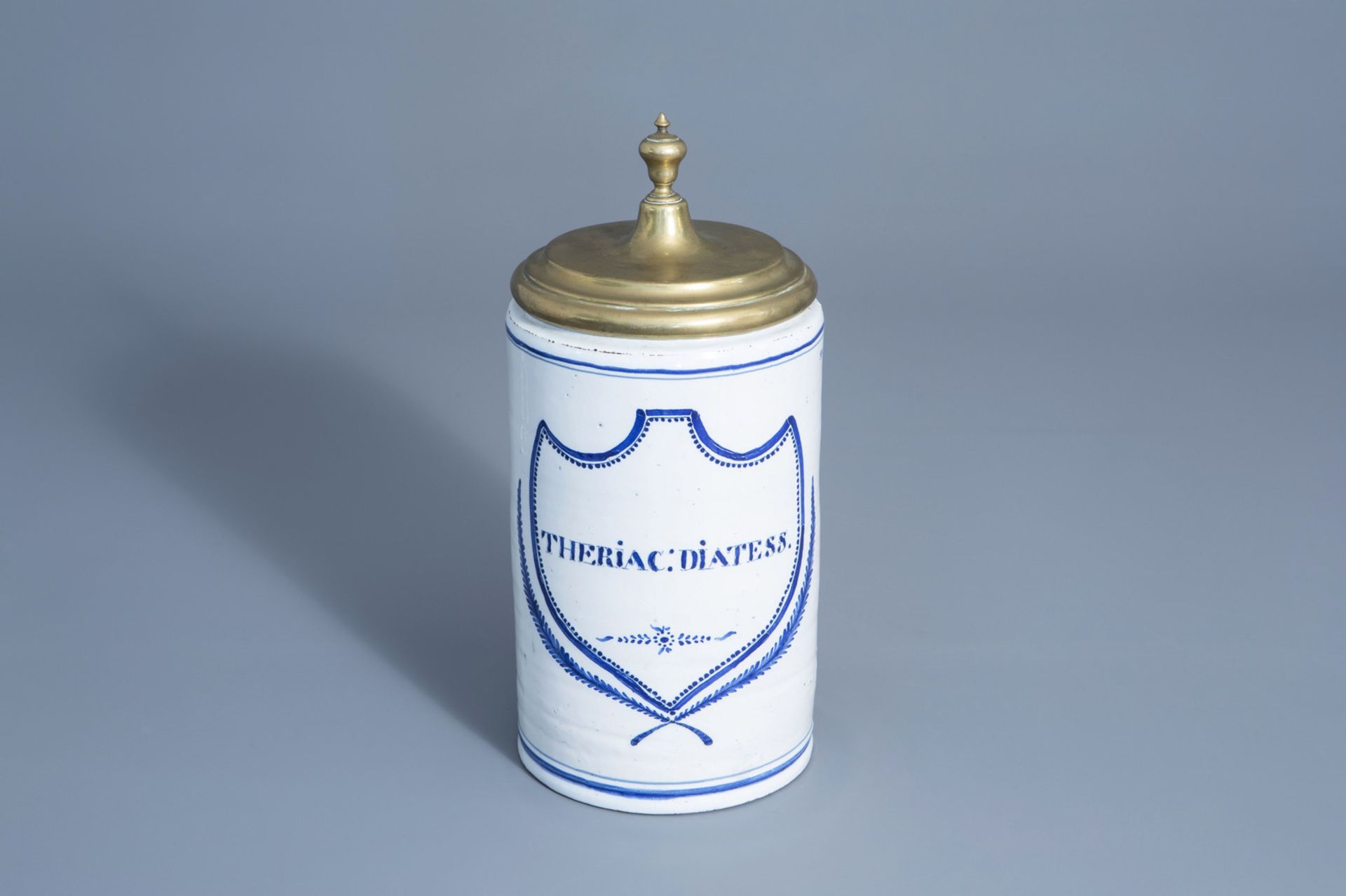 A blue and white Brussels faience pharmacy jar, 18th C.