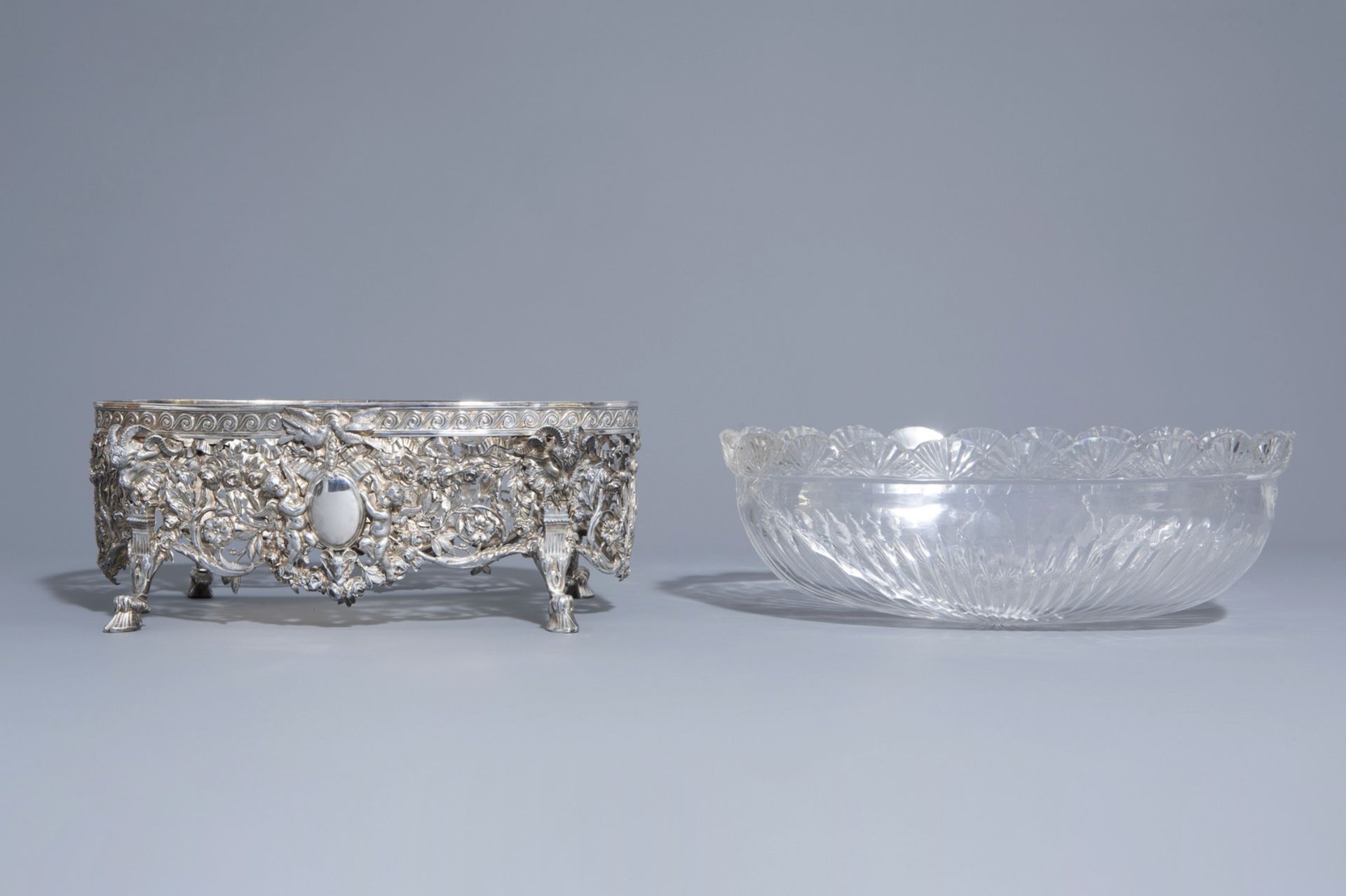 An imposing silver centerpiece with love theme and floral design with accompanying bowl, France, 19t - Image 4 of 10