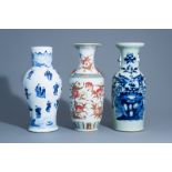 Two Chinese blue and white vases and a famille rose vase with different designs, 19th/20thC