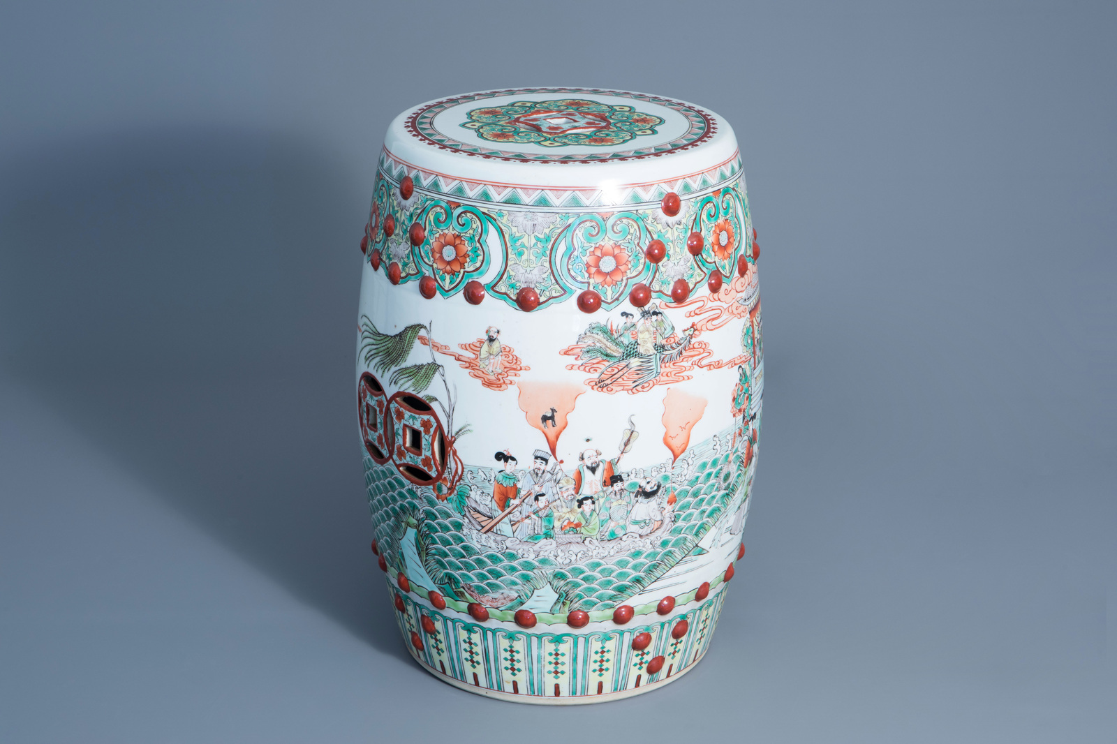 A Chinese famille verte 'Immortals' garden seat, 20th C.