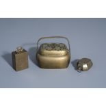 A Chinese paktong metal hand warmer and two small boxes, 19th/20th C.