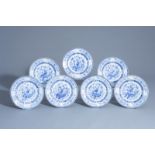 Seven Chinese blue and white plates with a vase with flowers and floral design, Qianlong