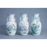 Three Chinese famille rose vases with ladies in a garden, 19th/20th C.