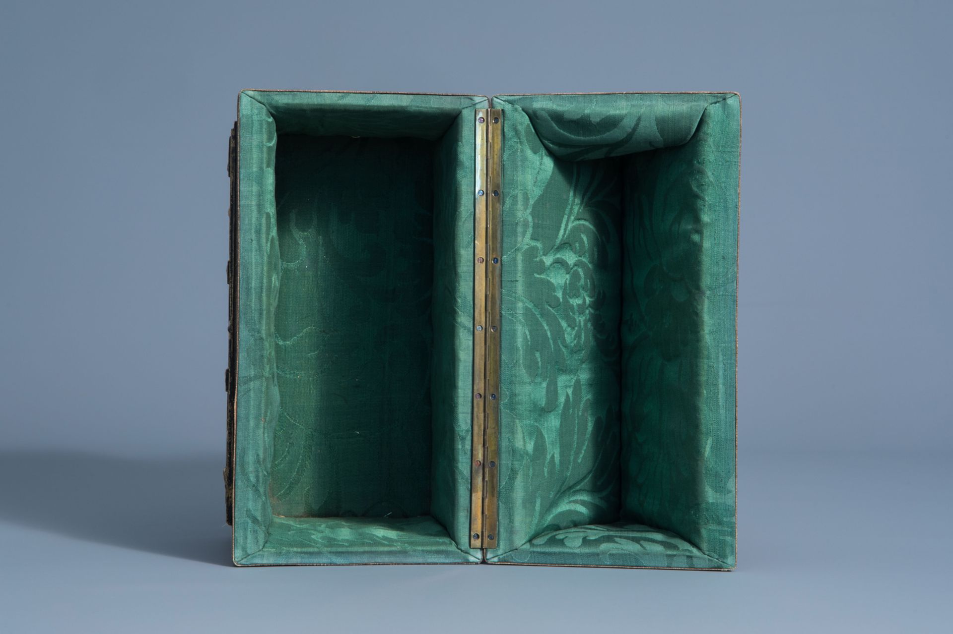 A Gothic revival wooden reliquary box with gilt bronze mounts and bone Embriacchi style carvings, Fr - Image 11 of 12