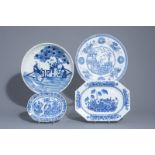 Four Chinese blue and white chargers, Kangxi and later