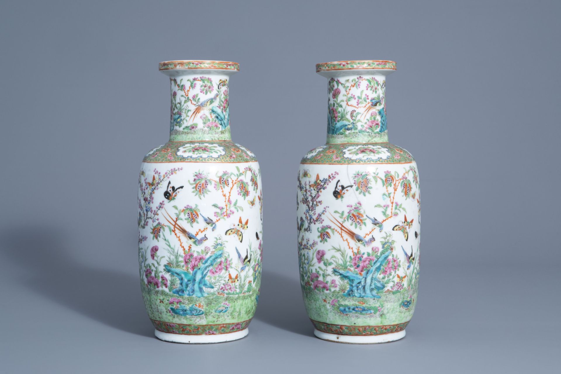 A pair of Chinese Canton famille rose vases with birds and butterflies among blossoms, 19thC. - Bild 3 aus 6