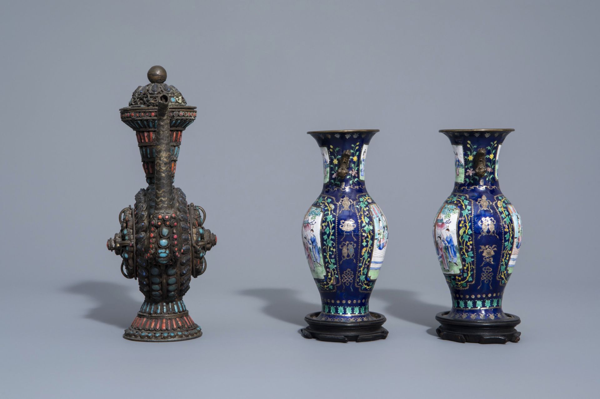 A Chinese silver box and cover with floral design, a pair of cloisonnŽ vases and a Tibetan ewer with - Image 5 of 17