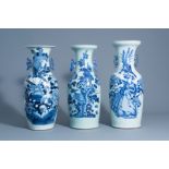 Three Chinese blue and white and celadon ground vases with birds among blossoming branches, 19th C.