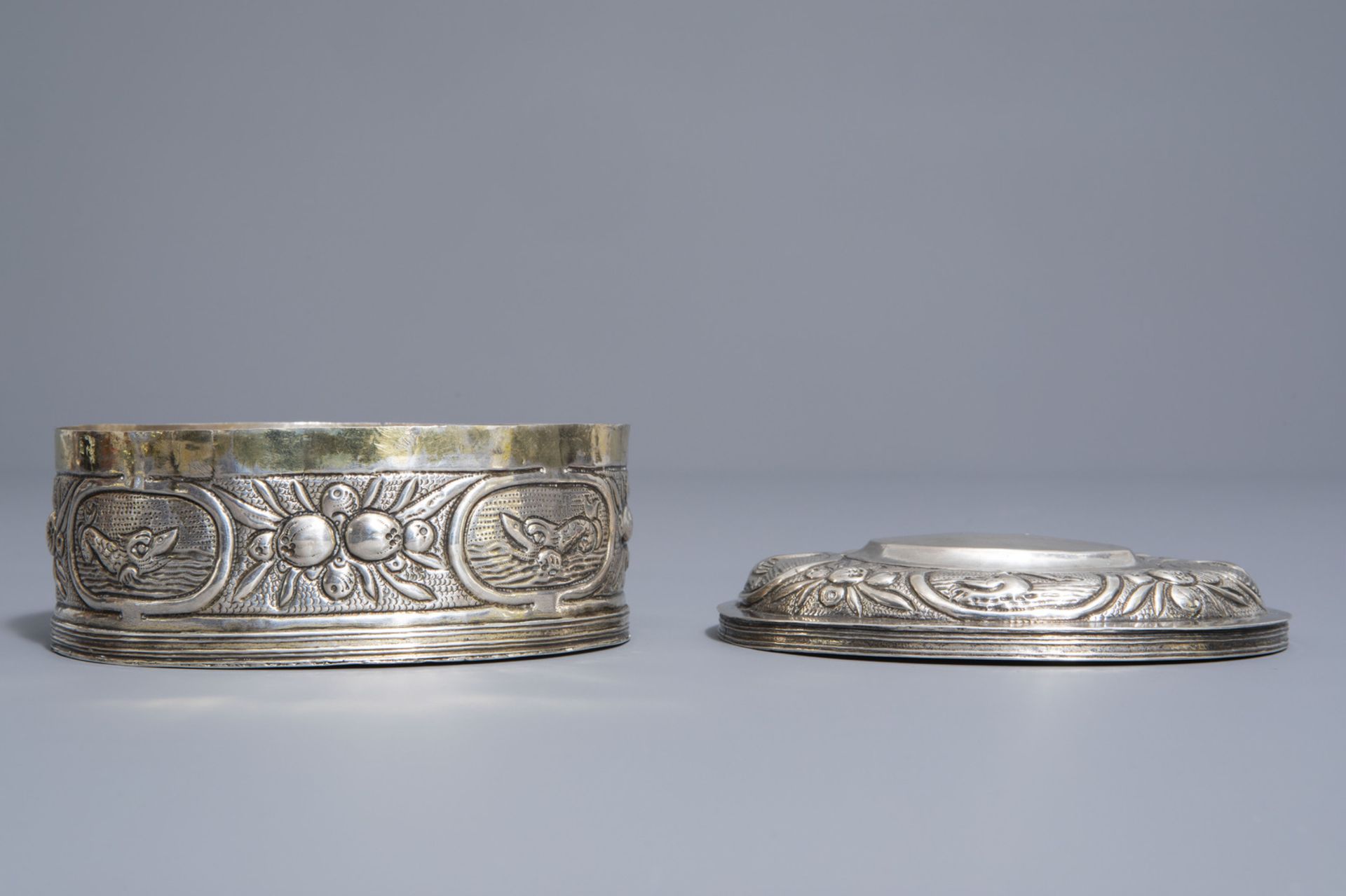 An oval shaped silver plated relief decorated tobacco box, various marks, 18th/19th C. - Image 4 of 8