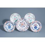 Three Chinese Imari style plates and two famille rose plates with floral design, Qianlong