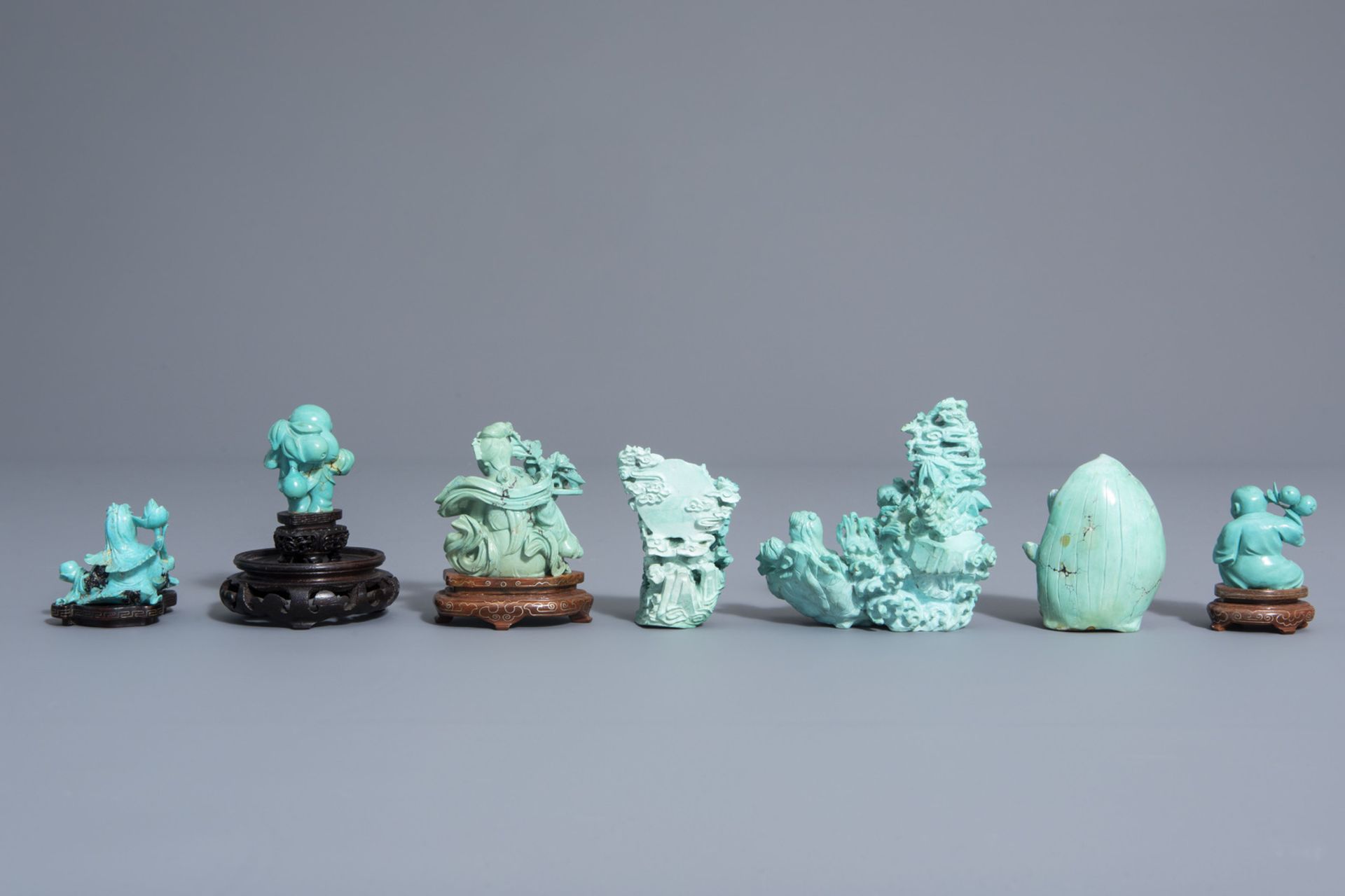 Seven Chinese carved turquoise figures, 20th C. - Image 4 of 7