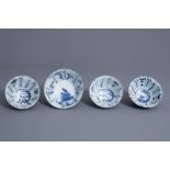 Four Chinese blue and white kraak porcelain 'crow' cups or bowls, Wanli