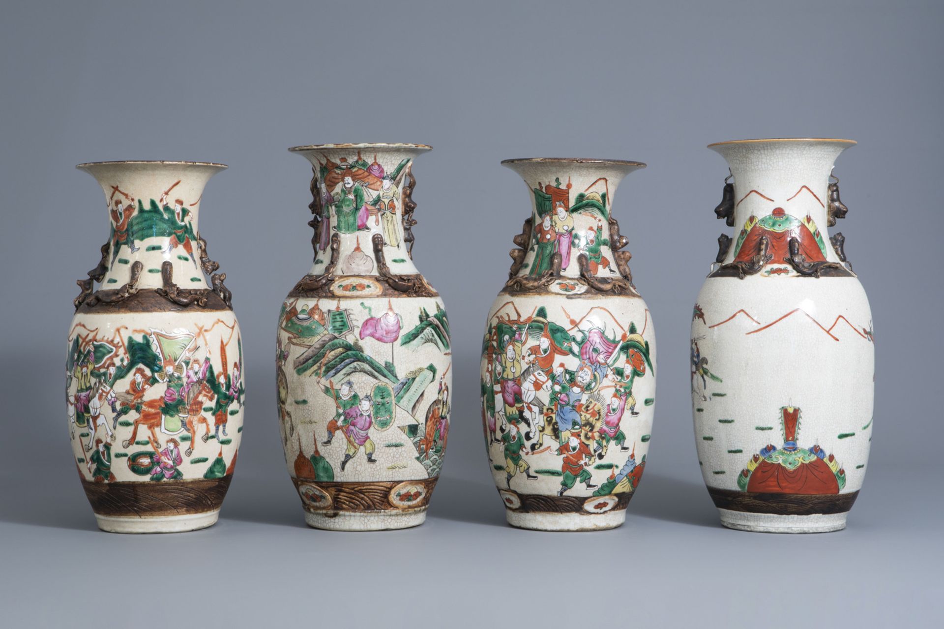 Four Chinese Nanking crackle glazed famille rose vases with warrior scenes, 19th/20th C. - Image 3 of 6