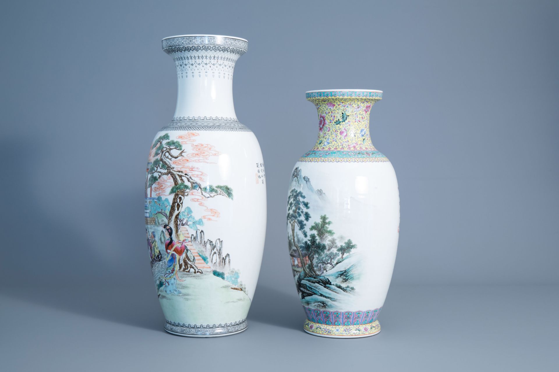 Two various Chinese famille rose vases, a charger and two jars, 20th C. - Image 5 of 15