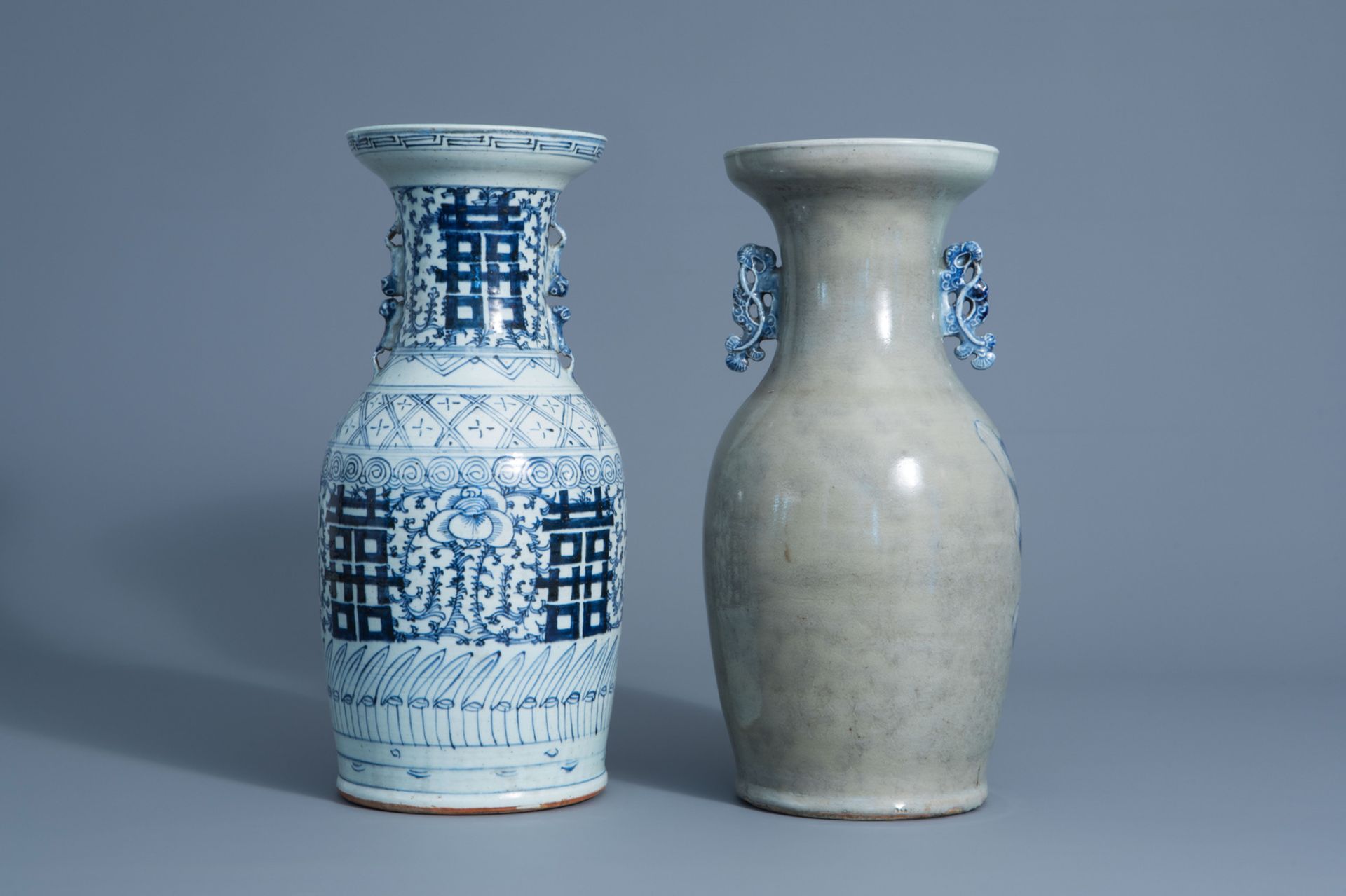 A Chinese blue and white celadon ground 'Immortals' vase and a blue and white 'Xi' vase, 19th/20th C - Image 3 of 6