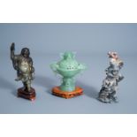 Two Chinese carved hardstone figures and a jadeite incense burner with dragons, 20th C.