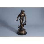 Auguste Moreau (1834-1917): A young boy playing with his dog, patinated bronze on a black marble bas