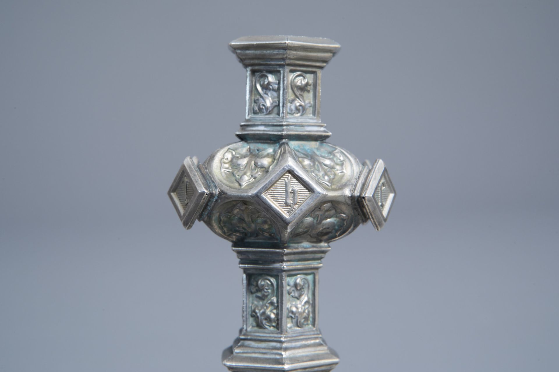 A silver plated Gothic Revival candlestick, France, 19th/20th C. - Image 9 of 19