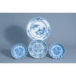 Four Chinese blue and white plates with floral design, Kangxi and later