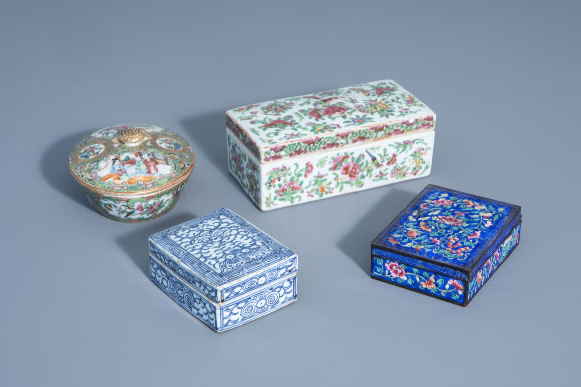 Four various Chinese Canton famille rose, blue and white and cloisonnŽ boxes and covers, 19th/20th C