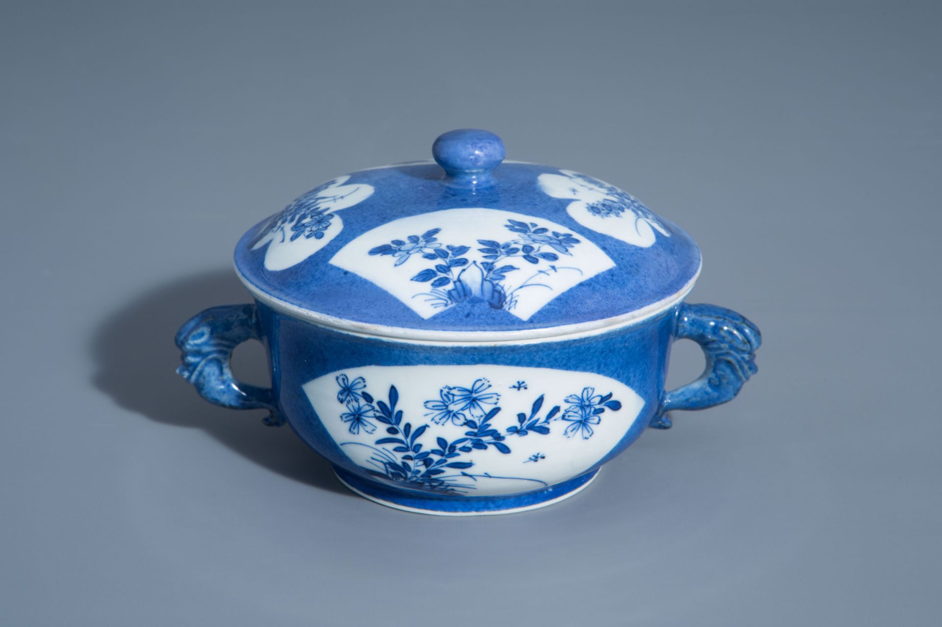 A Chinese powder blue ground two-handled tureen and cover with floral design, Kangxi