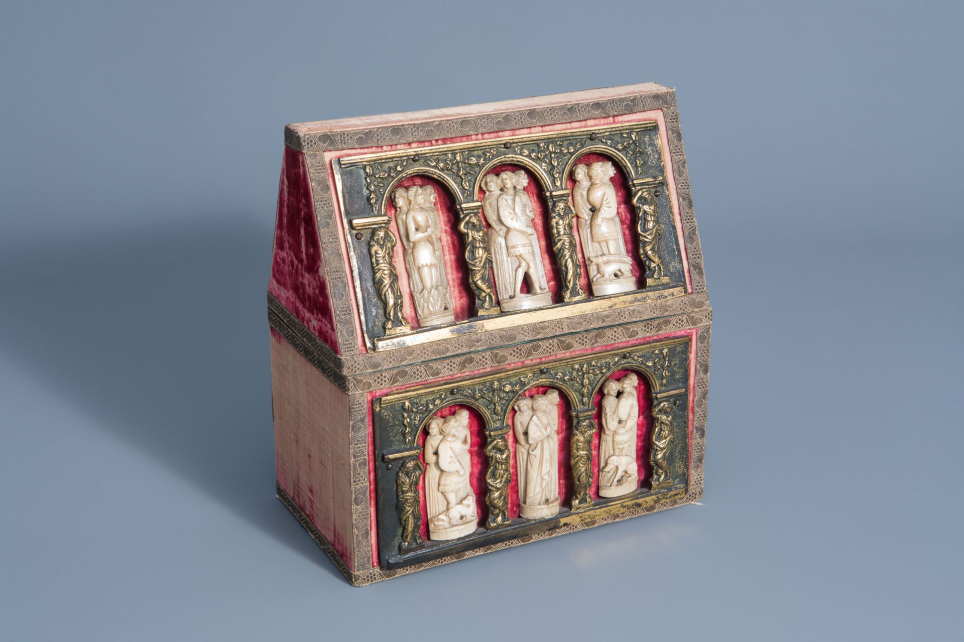 A Gothic revival wooden reliquary box with gilt bronze mounts and bone Embriacchi style carvings, Fr - Image 2 of 12