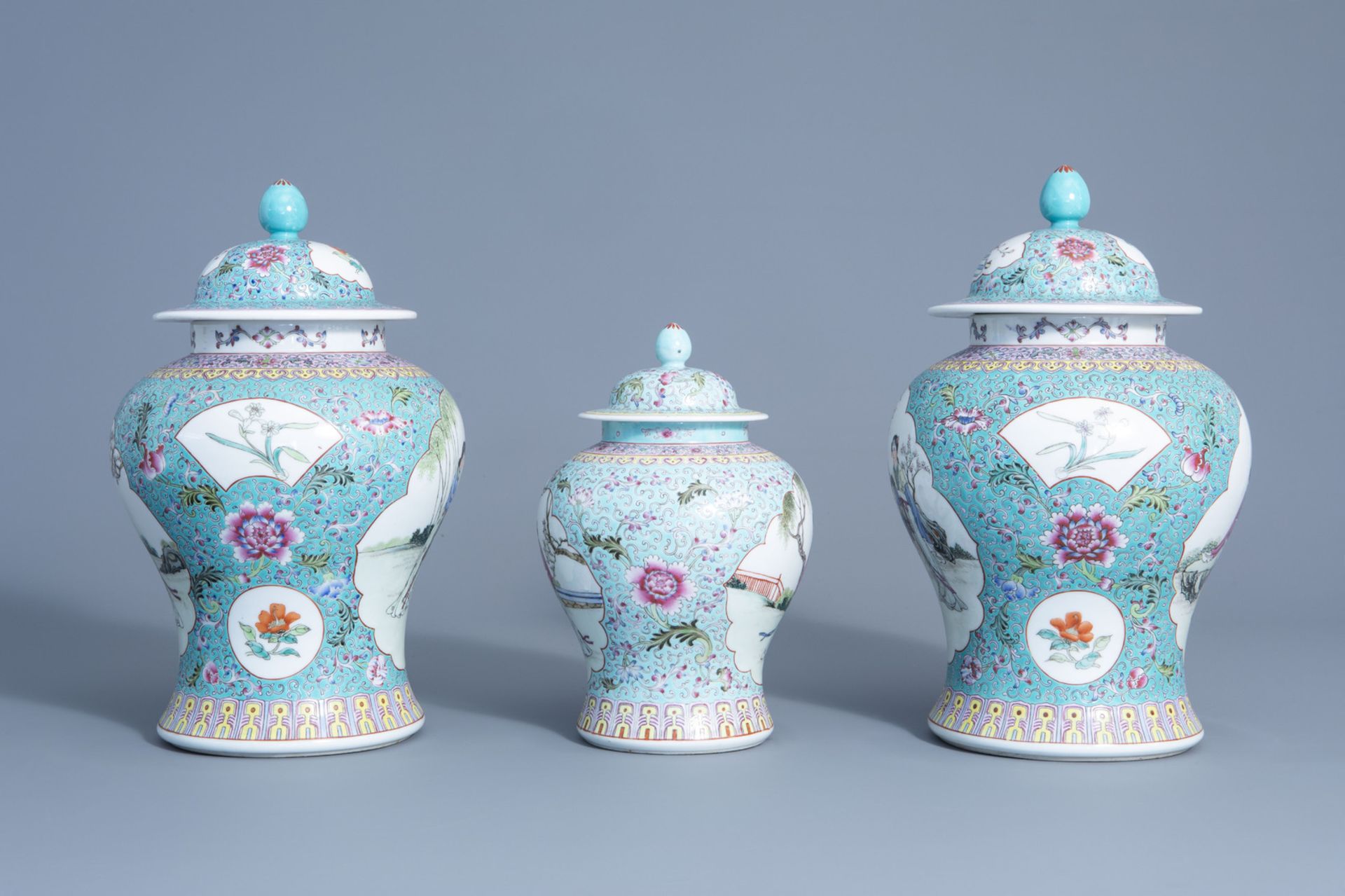 Three Chinese famille rose turquoise ground vases and covers, Qianlong mark, 20th C. - Image 2 of 8