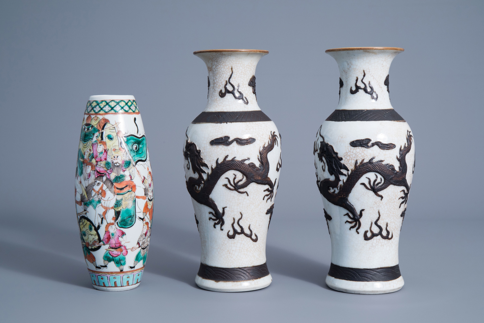 A pair of Chinese Nanking crackle glazed vases with a dragon and a famille rose vase with a warrior - Image 5 of 7