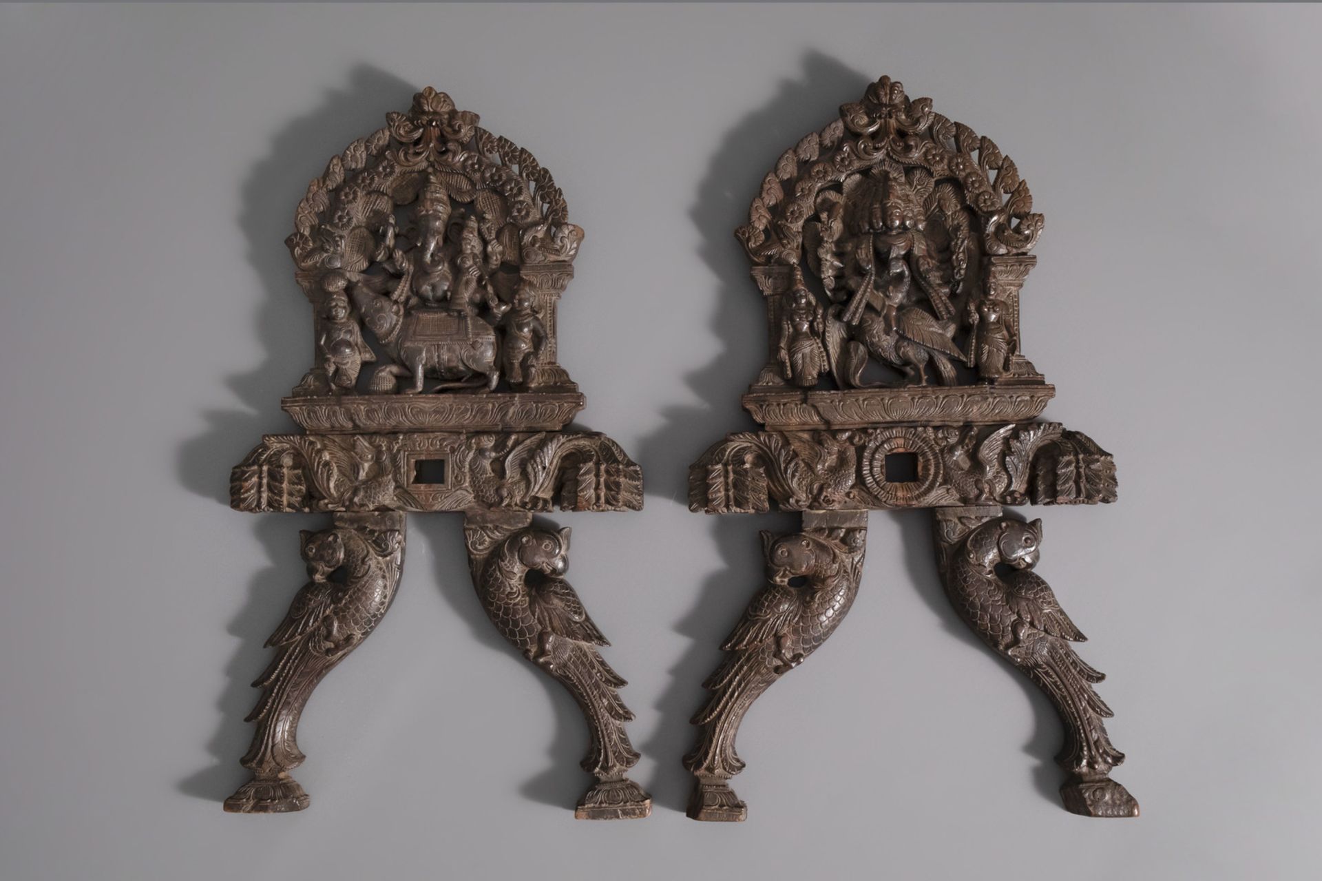 A pair of carved wooden door fragments, India, 19th C.