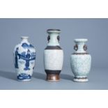 Two Chinese monochrome crackle glazed vases and one in blue and white, 19th/20th C.