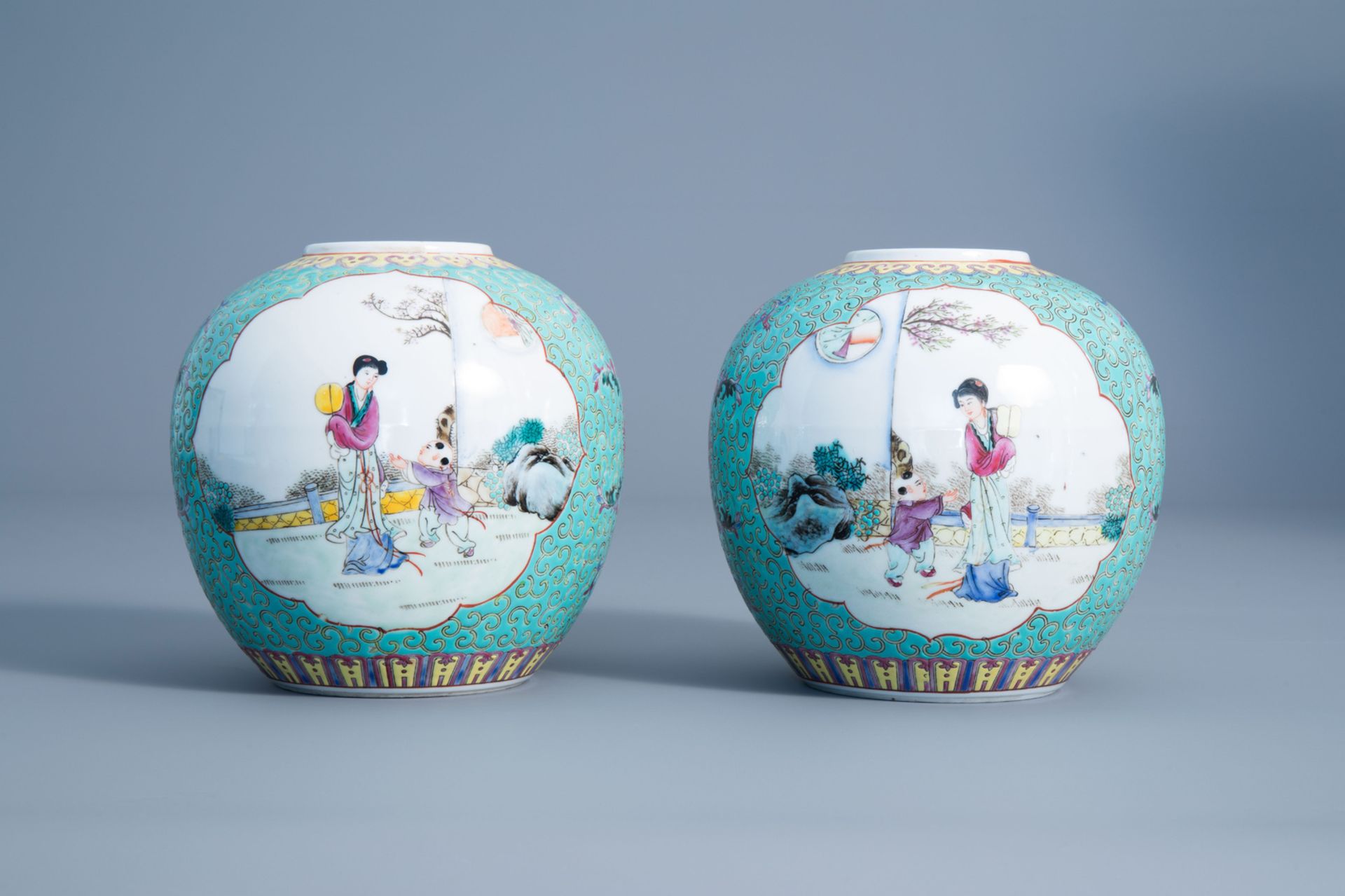 Two various Chinese famille rose vases, a charger and two jars, 20th C. - Image 8 of 15