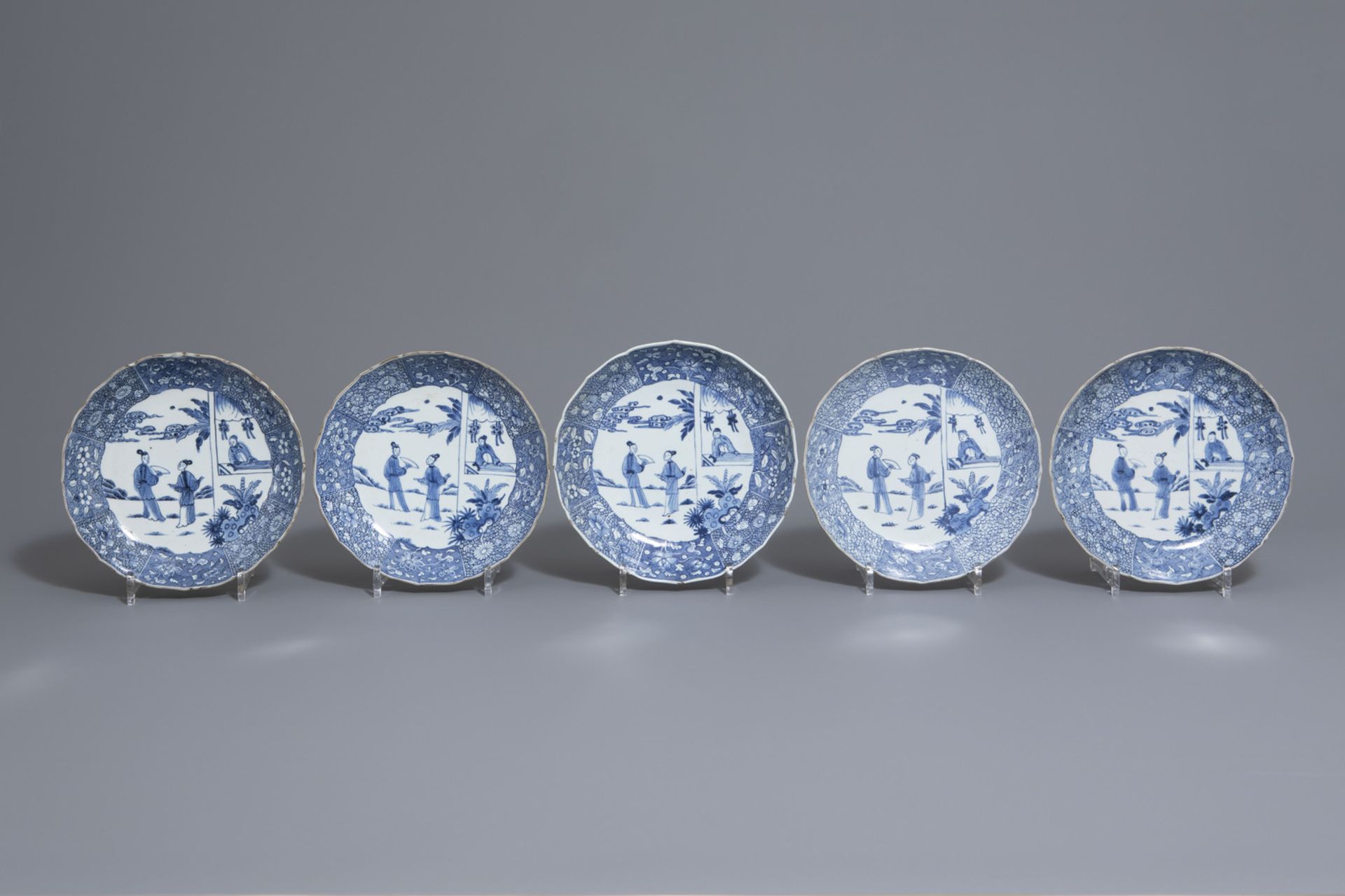Five Chinese blue and white 'Romance of the Western Chamber' deep plates, Qianlong