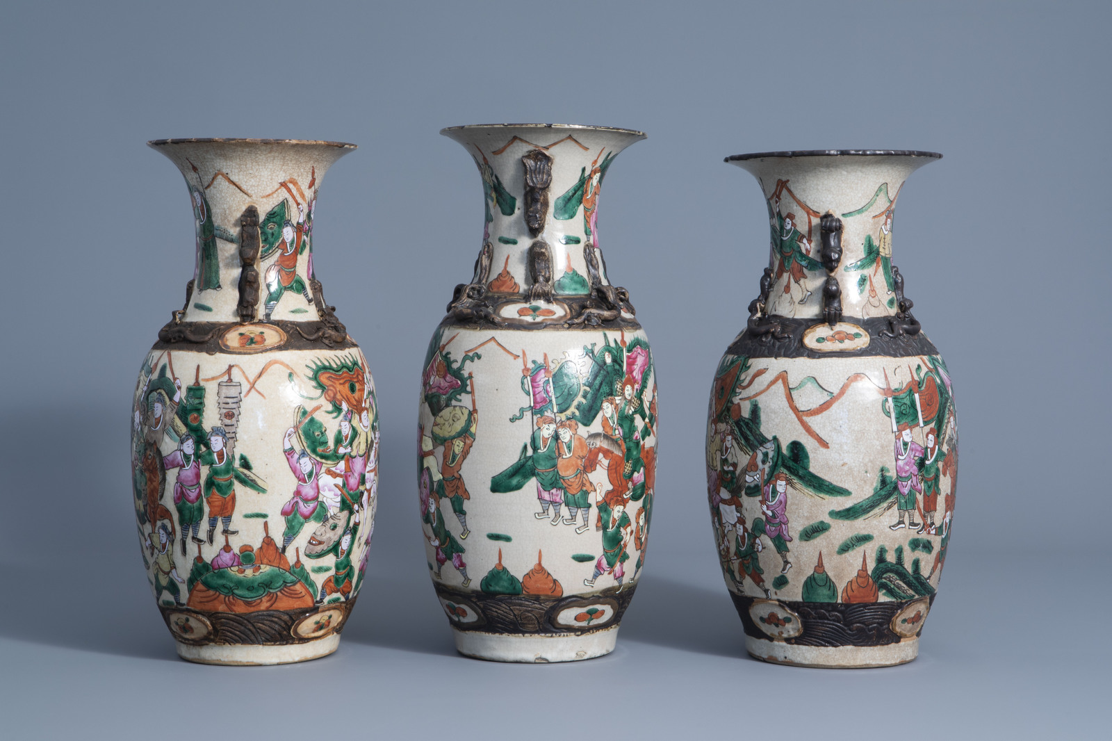 Three Chinese Nanking crackle glazed famille rose vases with warrior scenes, 19th C. - Image 4 of 6