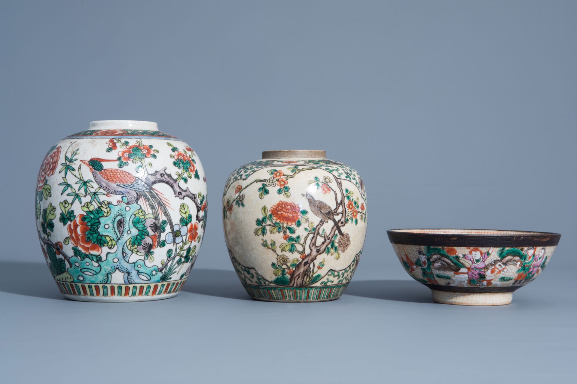 A varied collection of Chinese Nanking crackle glazed famille rose vases, ginger jars, a charger and - Image 8 of 17