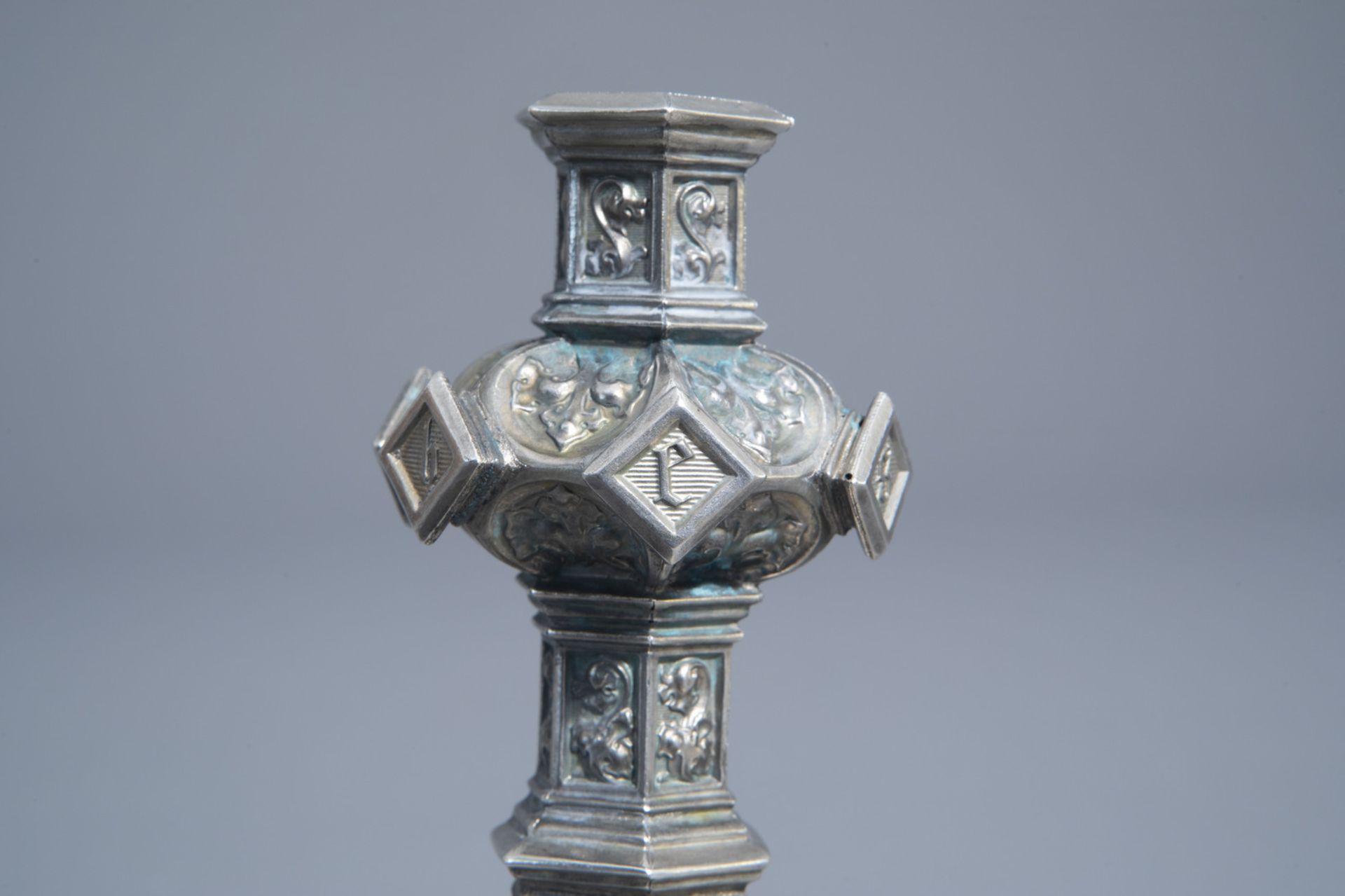 A silver plated Gothic Revival candlestick, France, 19th/20th C. - Image 10 of 19
