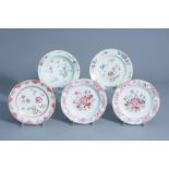 Five Chinese famille rose plates with floral design, Qianlong