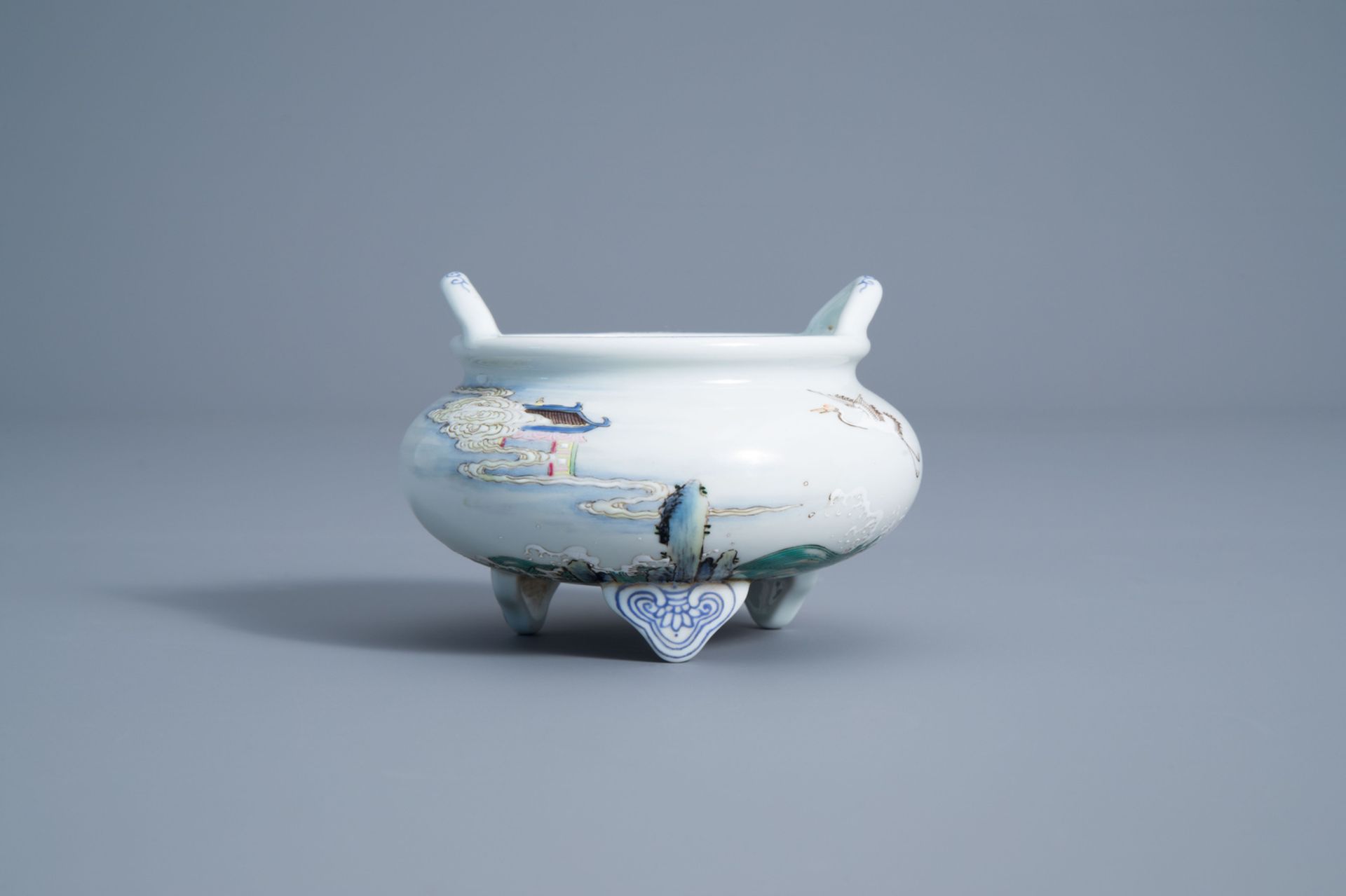 A Chinese famille rose tripod censer, Qianlong mark, 20th C. - Image 2 of 7