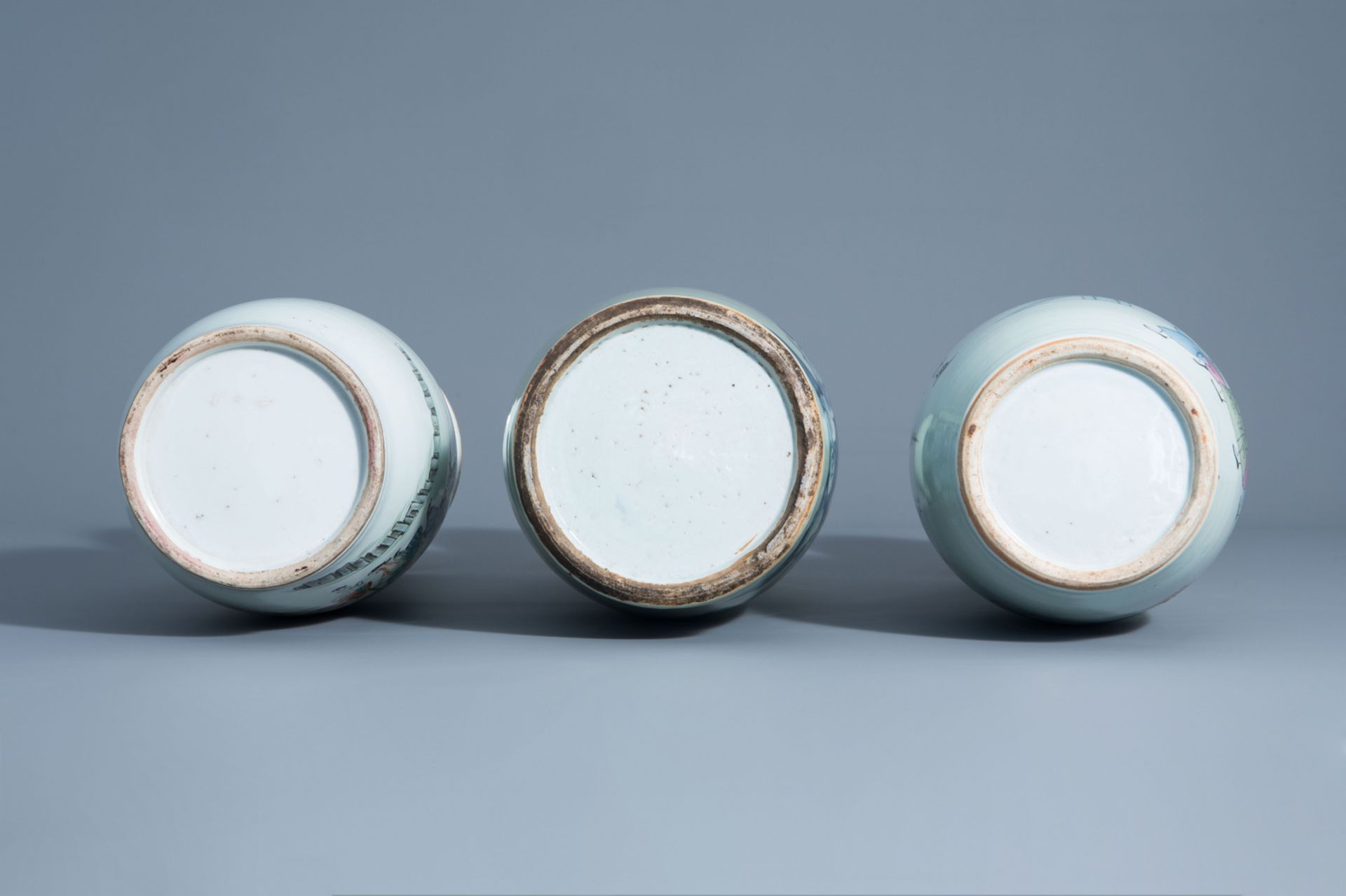 Three various Chinese famille rose and blue and white on celadon ground vases, 19th/20th C. - Image 6 of 6