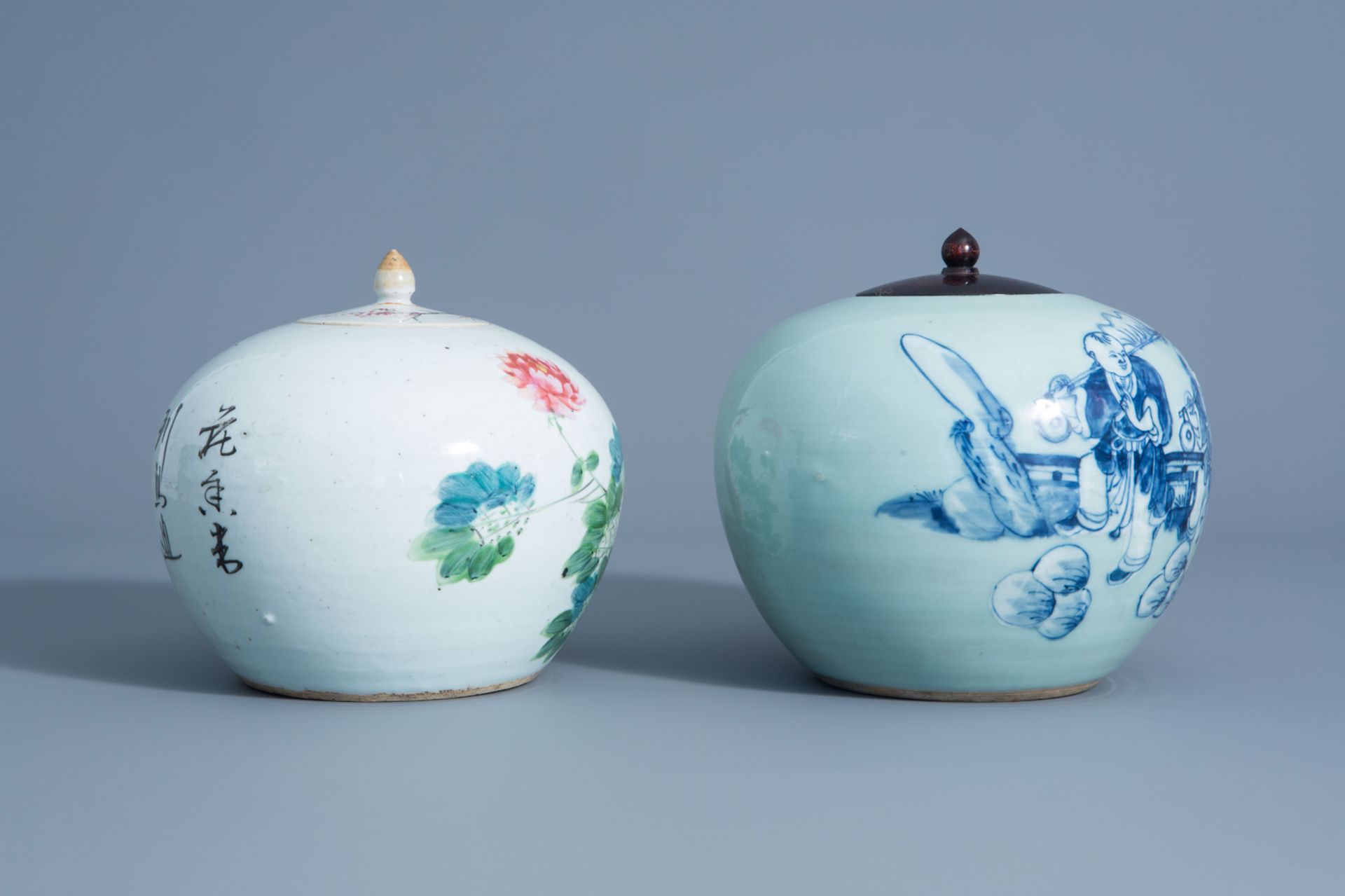 Two Chinese qianjiang cai and blue and white on celadon ground jars and covers with different design - Image 3 of 9