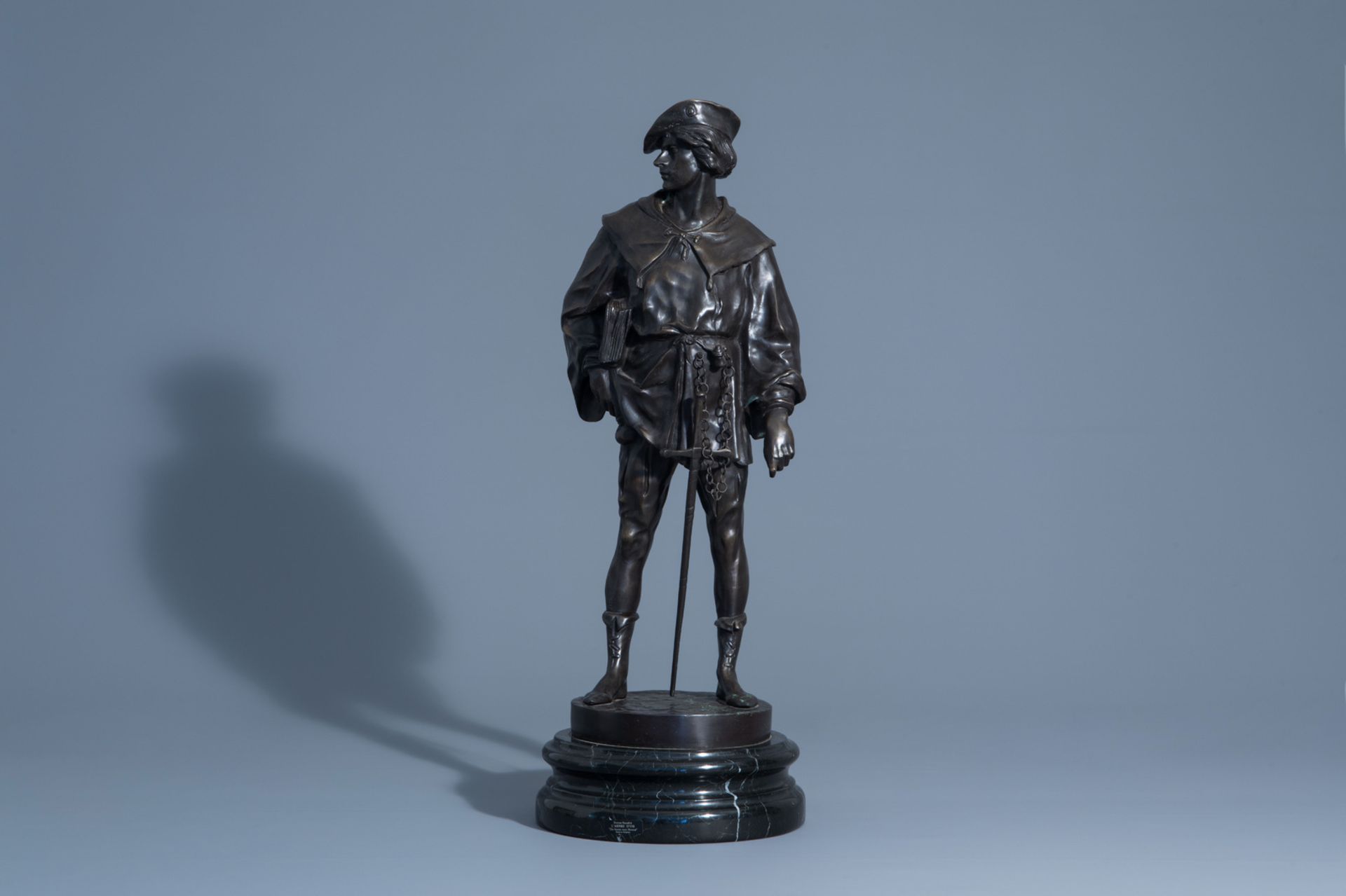 Emile Louis Picault (1833-1915): 'Escholier', patinated bronze on a marble base - Image 2 of 9