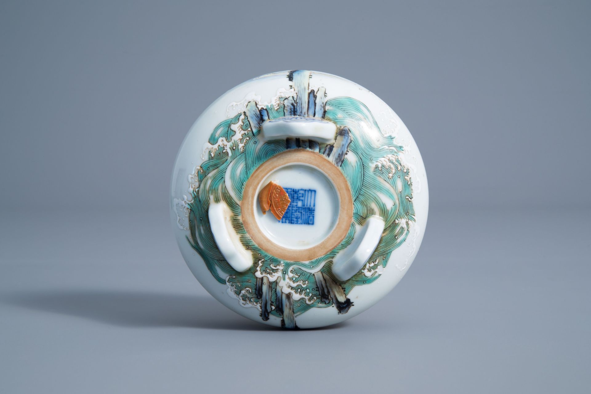 A Chinese famille rose tripod censer, Qianlong mark, 20th C. - Image 7 of 7