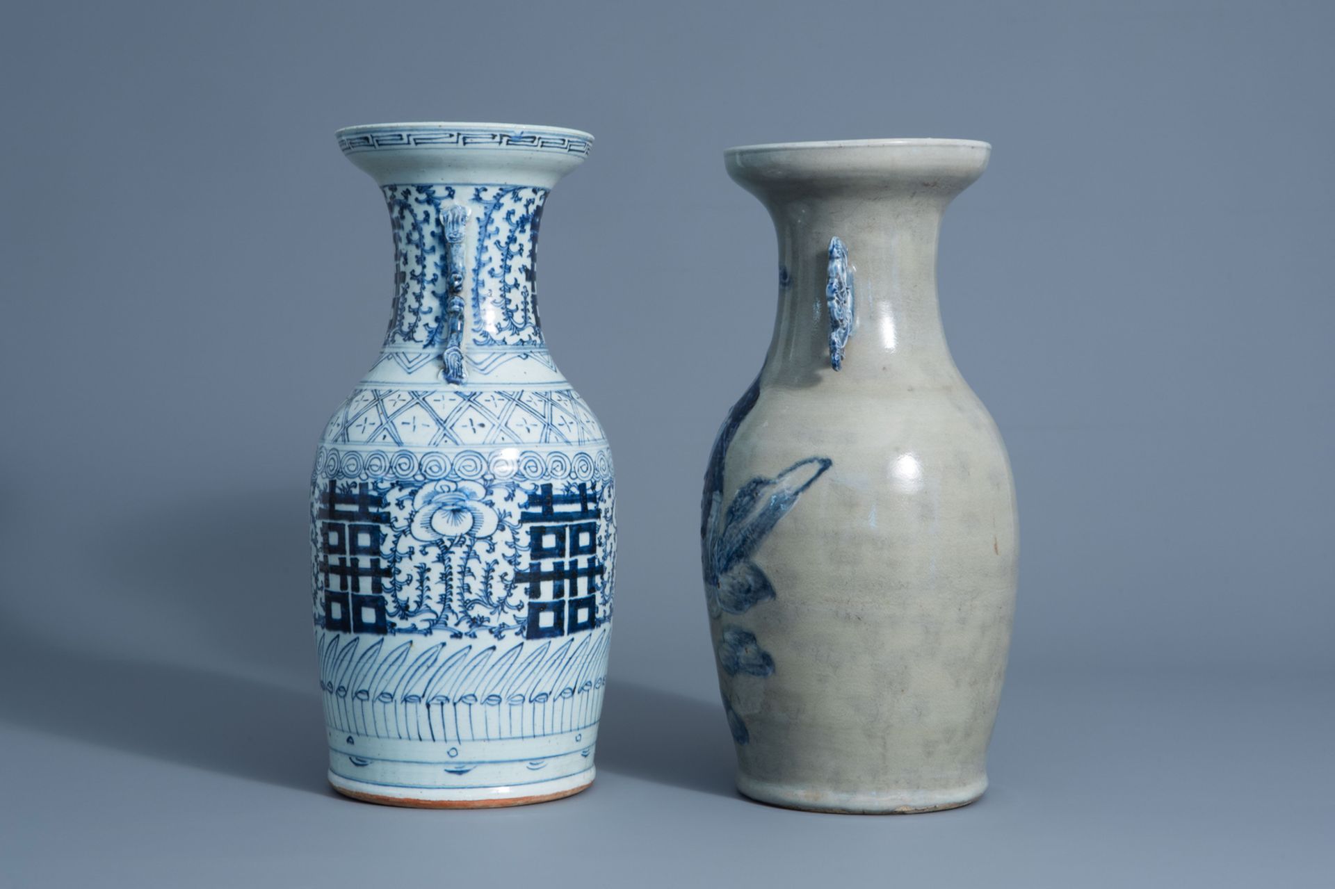 A Chinese blue and white celadon ground 'Immortals' vase and a blue and white 'Xi' vase, 19th/20th C - Image 4 of 6