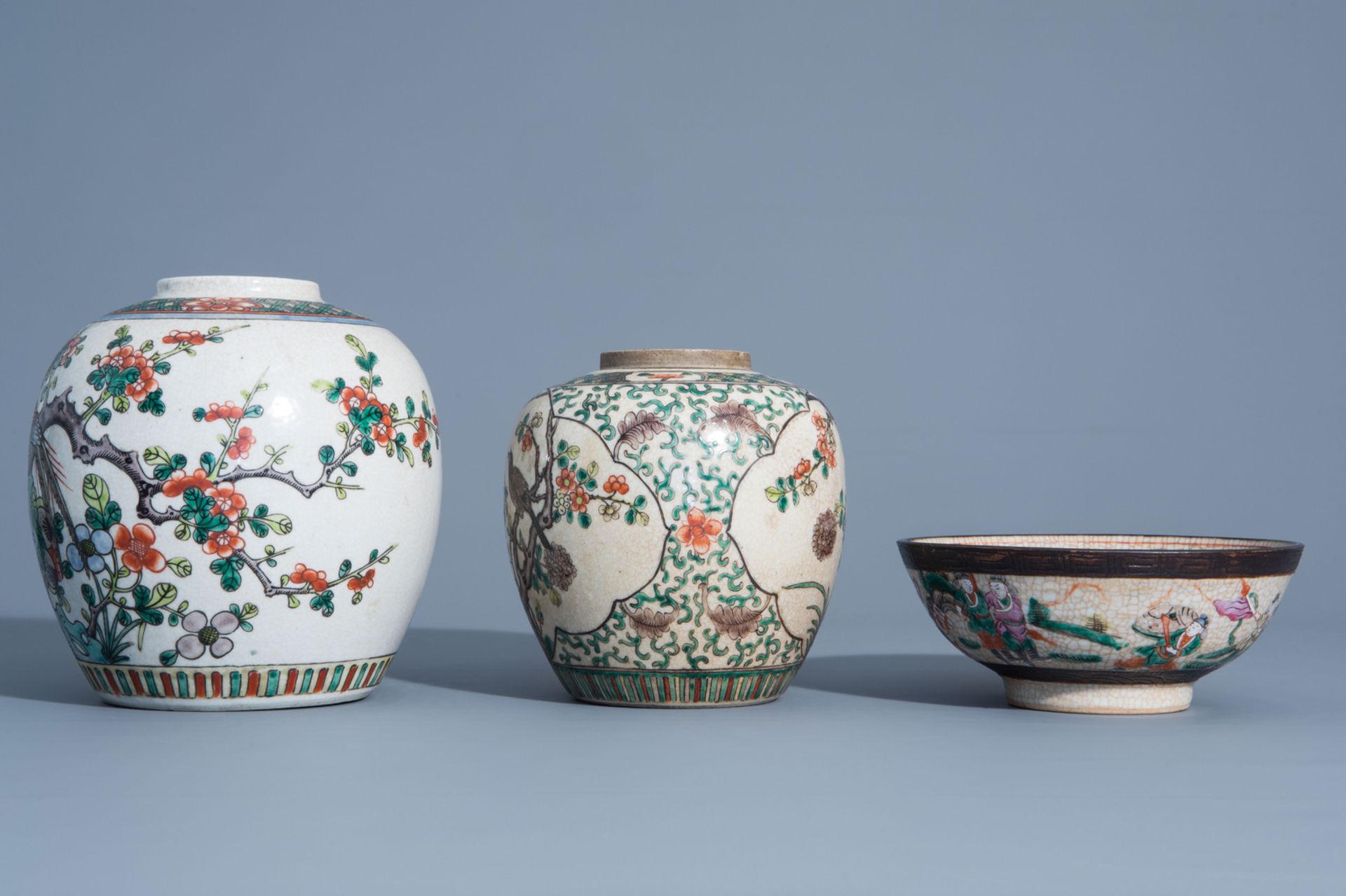 A varied collection of Chinese Nanking crackle glazed famille rose vases, ginger jars, a charger and - Image 11 of 17