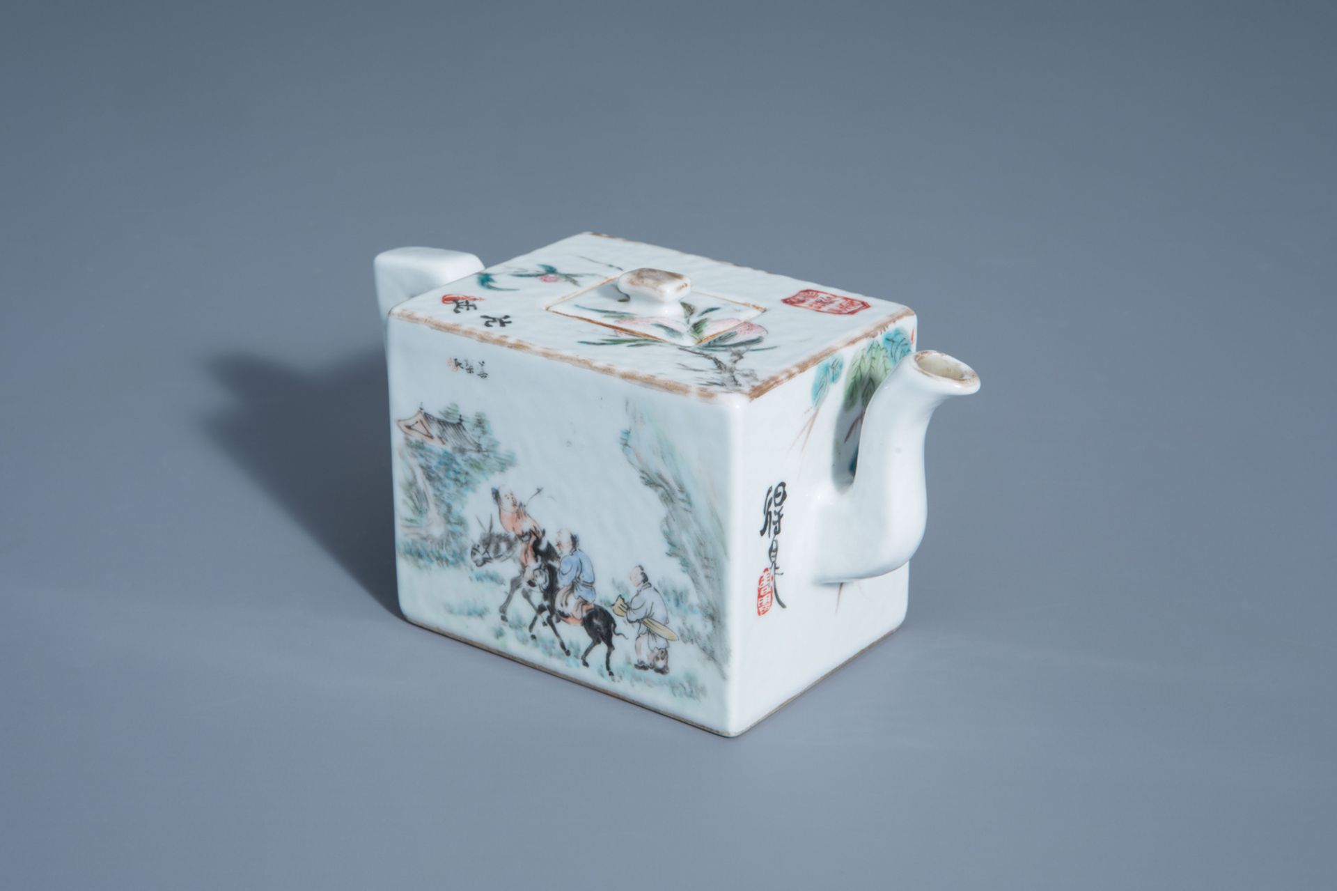 A rectangular ChineseÊ qianjiang cai teapot and cover with different designs, 19th/20th C.